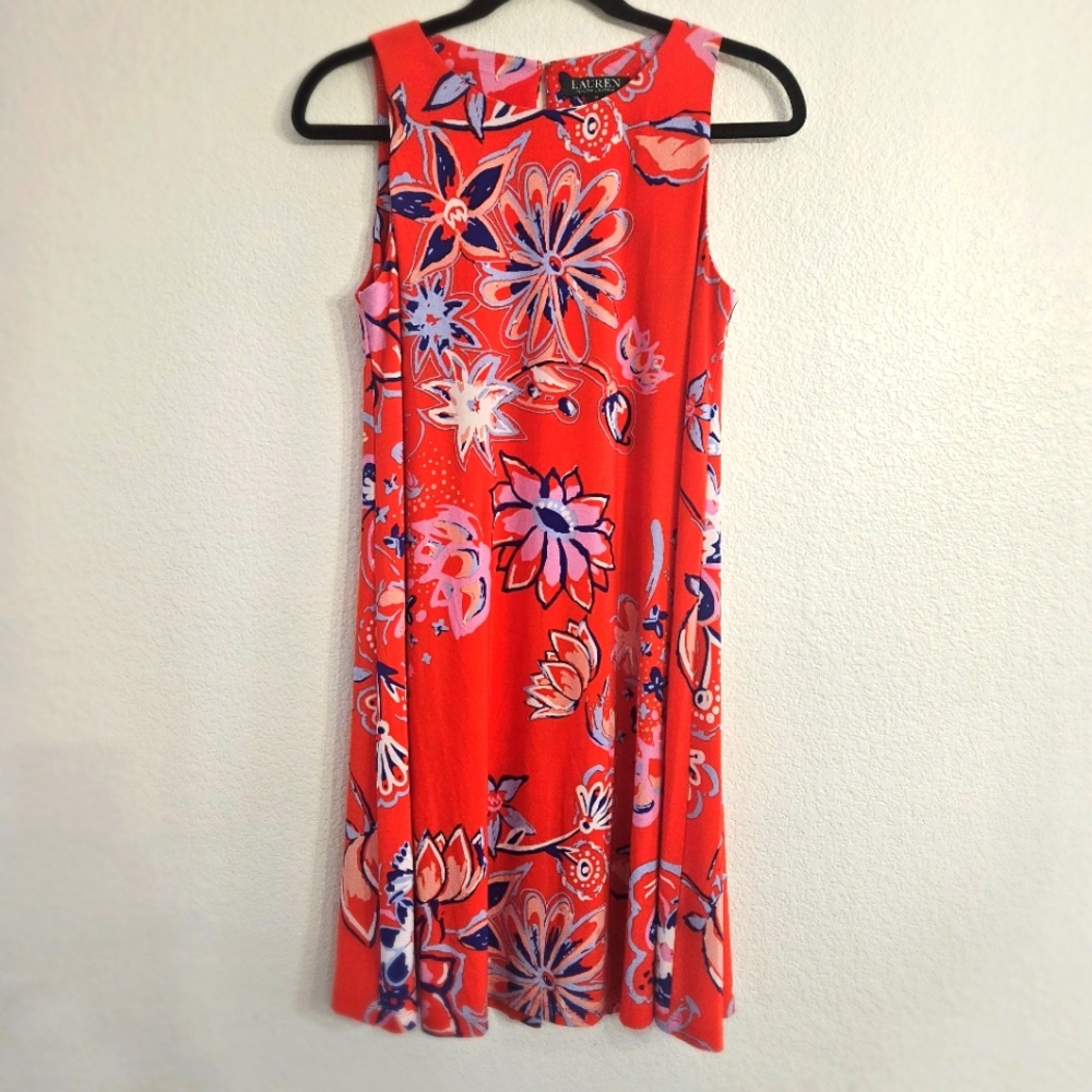 Lauren Ralph Lauren Dress Sz 6 Swing Floral Classic Red Orange Travel Friendly